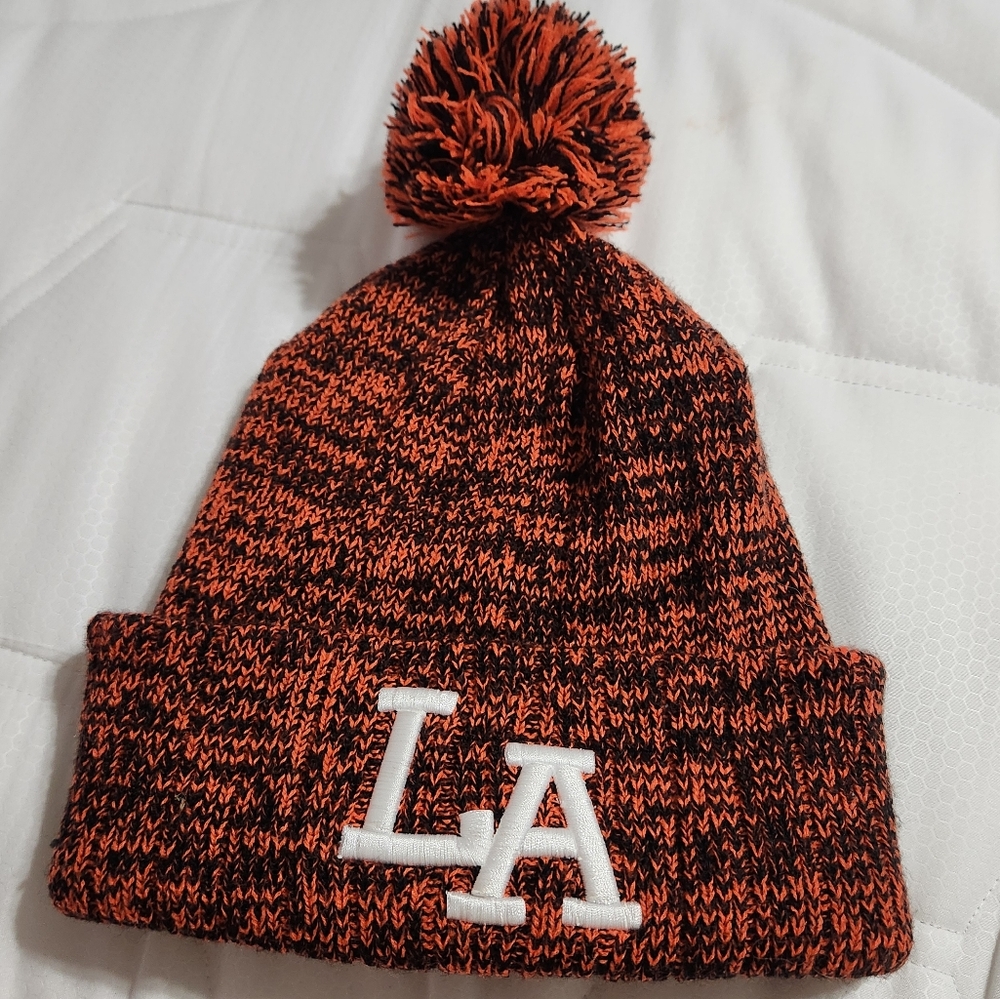 LA Dodgers Benie Pompom Hat Orange and Black